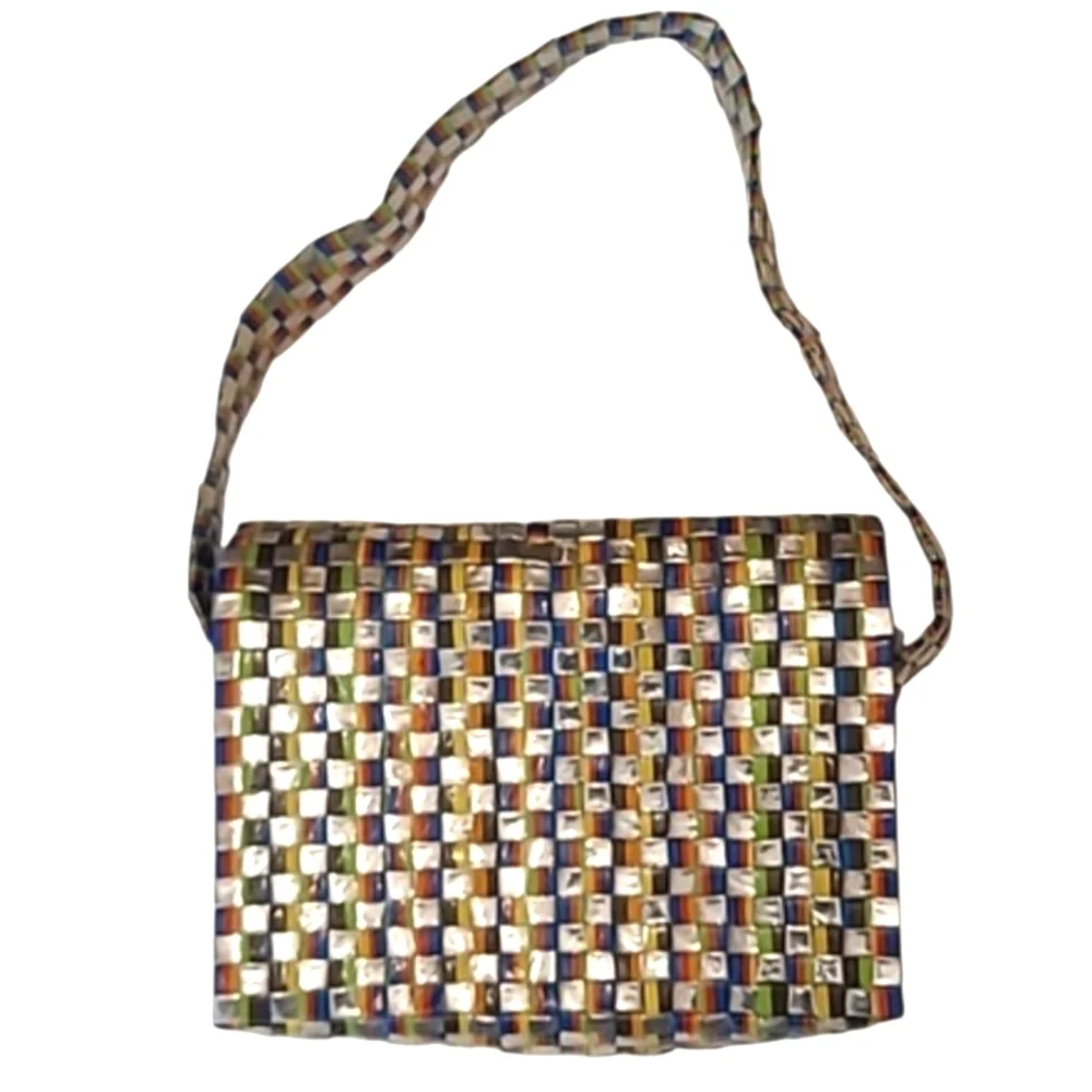 Colorful Woven Shoulder Bag Flap Closure Bright Shiny Handbag Artistic Patchwork